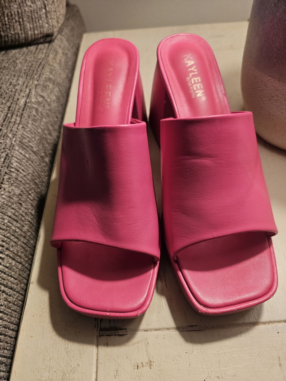 KAYLEEN By Los Angeles Hot Pink Square Toe Slide Mules